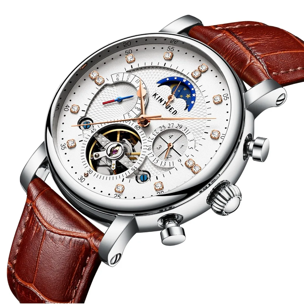 

Kinyued Skeleton Tourbillon Mechanical Watch Automatic Men Classic Male Gold Dial Leather Mechanical Wrist Watches J025P-3