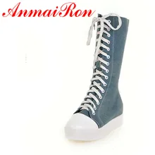 ANMAIRON/ботинки до середины голени на среднем каблуке; женские зимние теплые модные ботинки; большие размеры 34-43; обувь на платформе на шнуровке; Цвет черный, синий