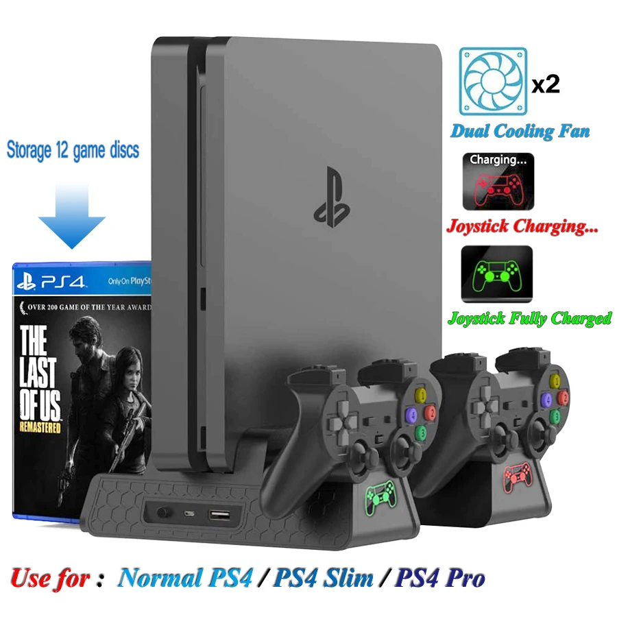

For PS4/PS4 Slim/PS4 Pro Vertical Console Cooling Fan Dualshock 4 Controller Charger Game Disk Storage Stand Base Indicate Led