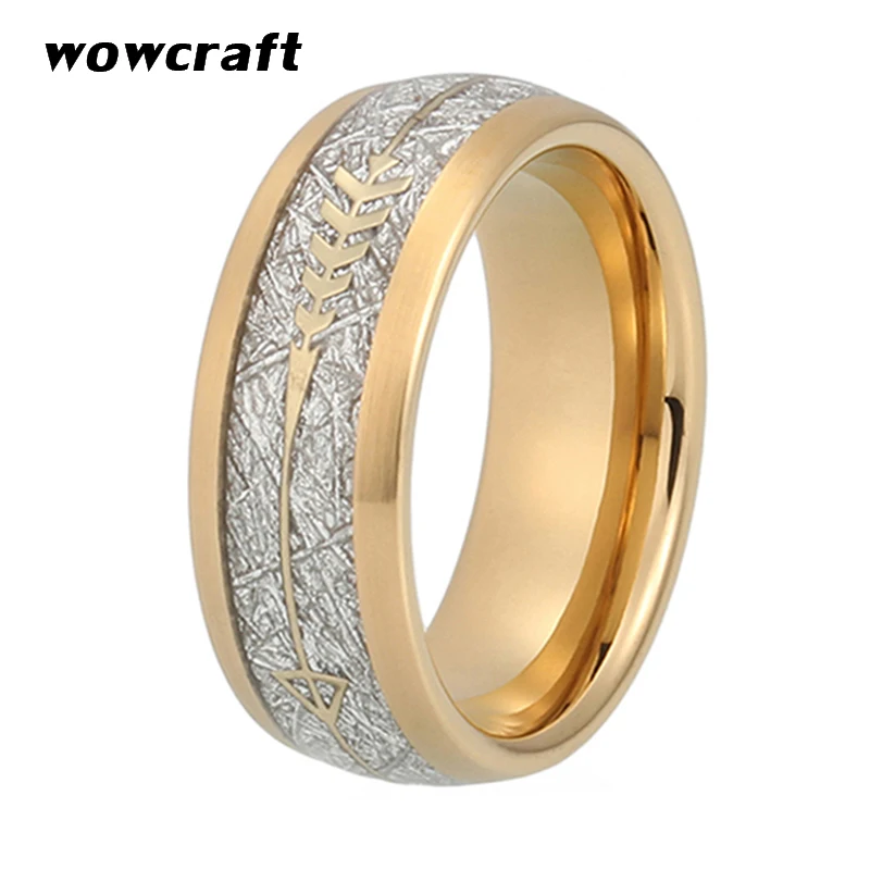 Günstige 8mm New Cool Gold Herren Hartmetall Ring Frauen Hochzeit Band Silber Meteorit Gold Pfeil Inlay Comfort Fit