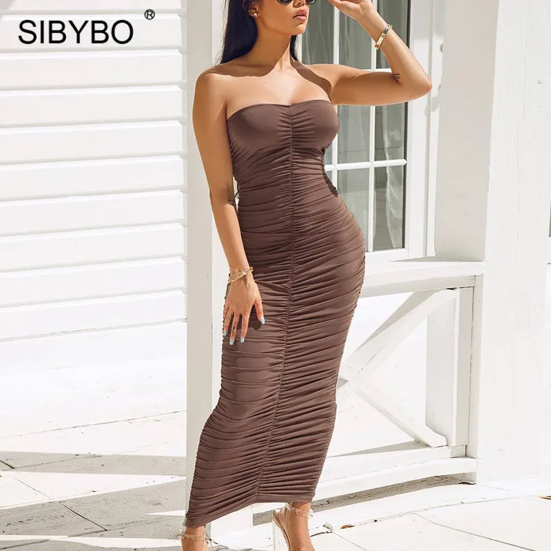 Женское плиссированное платье без бретелек Sibybo длинное облегающее с открытыми