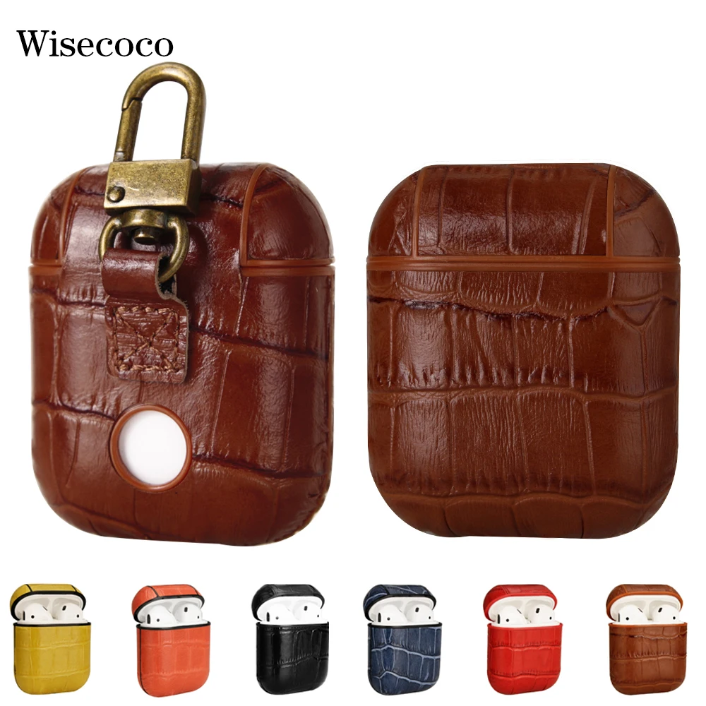 Genuine Leather Case for AirPods Luxury Crocodile Pattern 360 Full Protective Cover Storage Headphone Case with Keychain Hook
