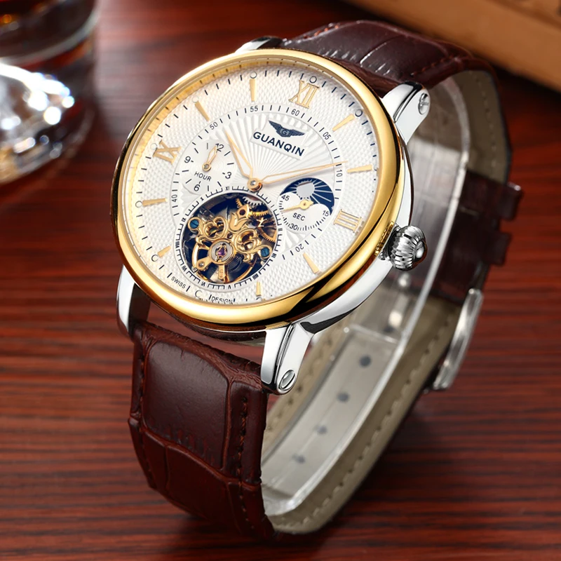 Fashion Guanqin Mens Watches Top Brand Luxury Skeleton Watch Men Sport Leather Tourbillon Auto-2