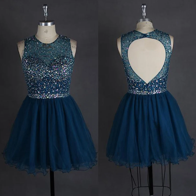 Navy Blue Halter Beaded Short Mini Prom Dress Sexy Girls Prom Dress