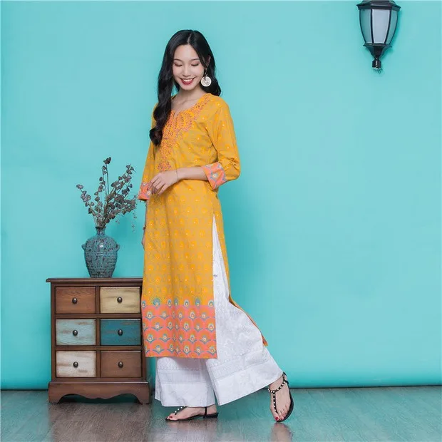 Женские Модные Этнические стили наборы печати хлопок индийское платье леди три четверти рукав желтый топ и брюки