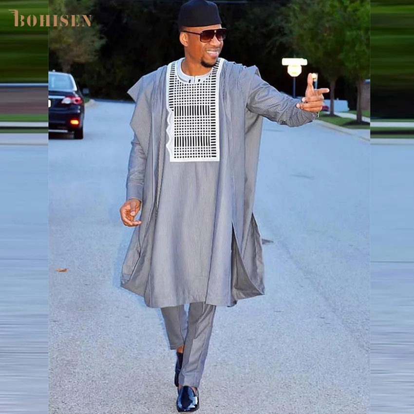 BOHISEN African Print Cotton Men Clothes 3 Pieces Bazin Agbada Long Sleeve Party Vogue Dashiki Formal Dress For Men