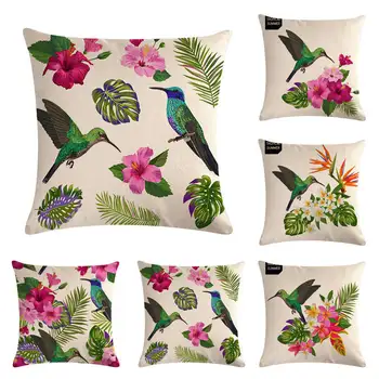 

Flowers cushion cover 45x45cm Cotton linen pillowcase Tropical plants Home decorative bird pillow covers For Sofa