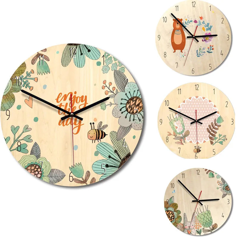 

12" Cartoon Bee Flower Bear Squirrel Wood Wall Clock Bird Home Room Decor Creative Clock Child Girls Gifts