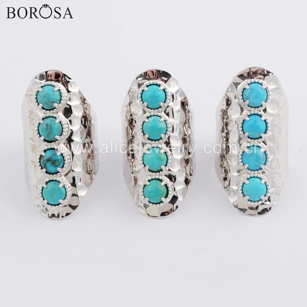 

5PCS Fashion Silver Color Bezel Round Four Natural Turquoises 6mm Stone Claw Band Ring Natural Jewelry for Wholesale ZS0337