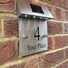 MODERN HOUSE SIGN PLAQUE DOOR NUMBER STREET GLASS ALUMINIUM EFFECT SOLAR LIGHT
