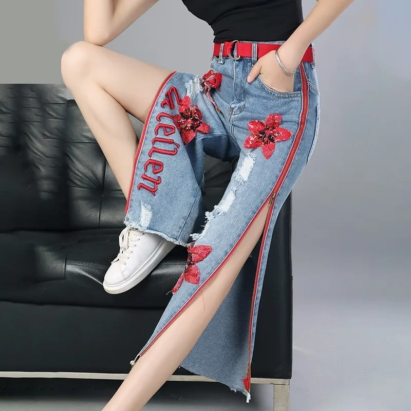 

LANMREM 2019 Spring New Fashion Straight Trousers Sequin Embroidery Side Zipper Personal Jeans Ankle-Length Wide Leg Pants YF679