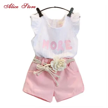 

New Children clothes sets for girls Fly sleeve Flower Cotton shirt + shorts summer set sport with belt print letter clothes