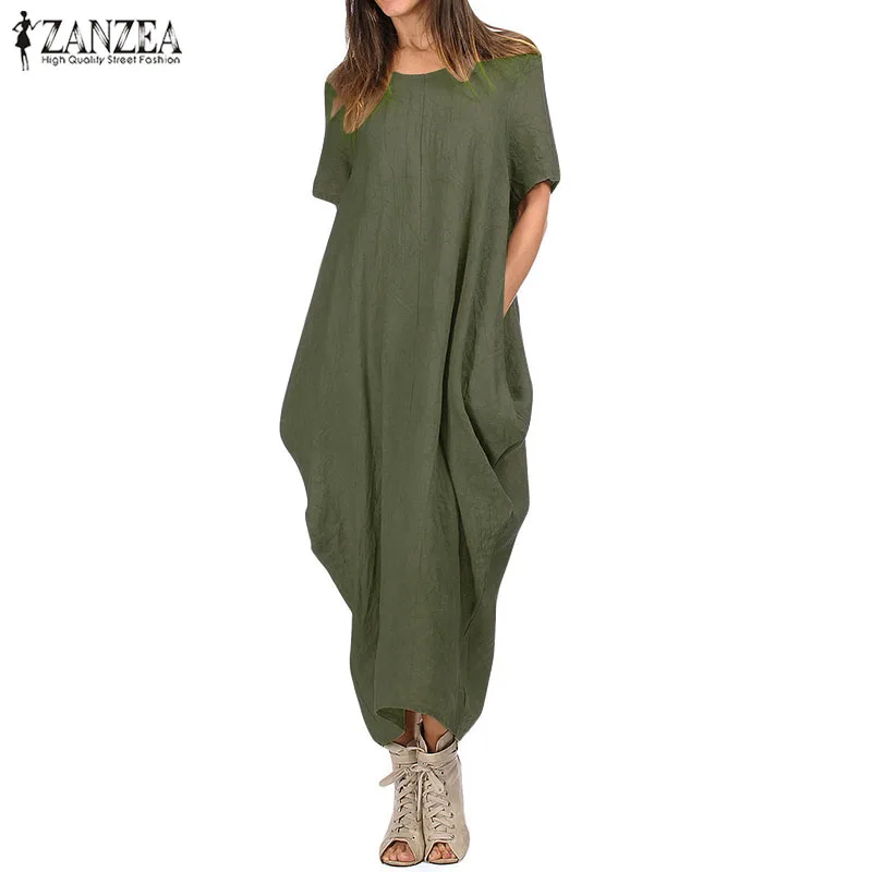 

Plus Size 2019 ZANZEA Summer O Neck Short Sleeve Pockets Elegant Women Solid Long Dress Beach Party Loose Kaftan Baggy Vestido