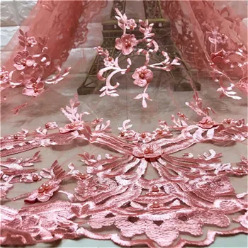 

2019 pink green High Quality French 3D Tulle Beaded African Lace Fabric beads Embroidered Nigerian Lace Fabrics For Wowen Dress