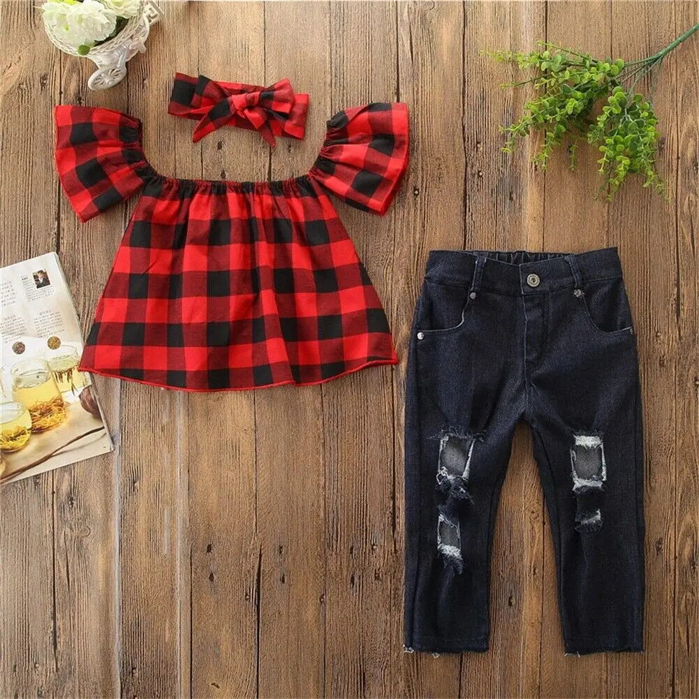

Fashion Kids Baby Girl Off Shoulder Tops+Ripped Jeans Denim Pants Clothes