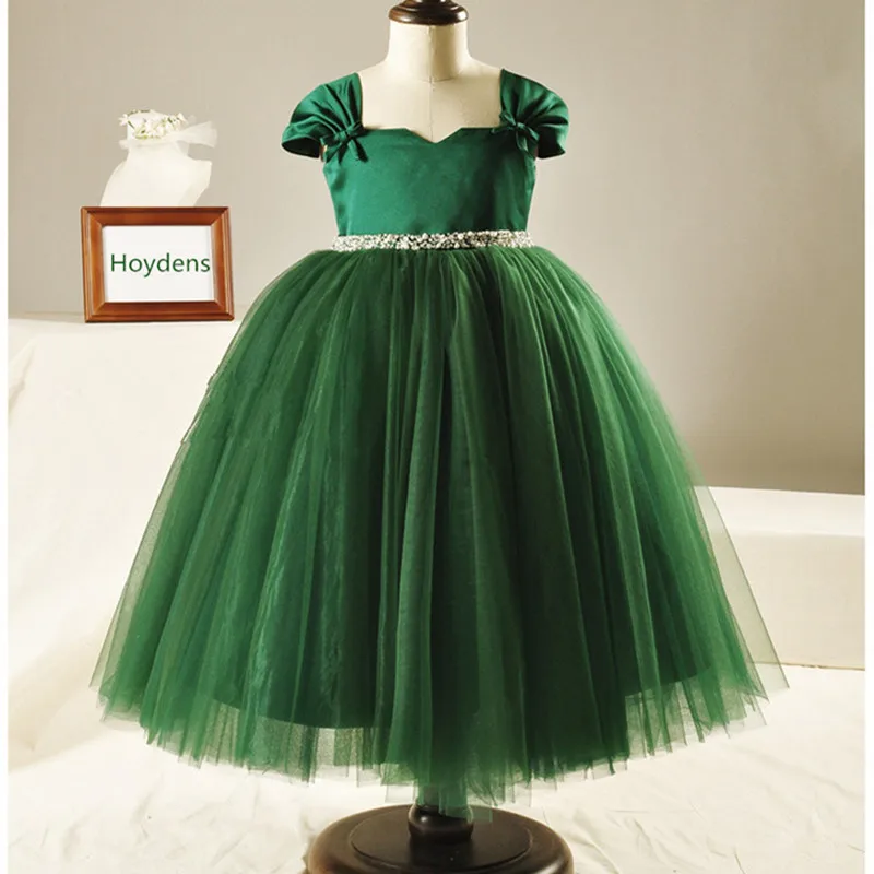 Elegant Girl Dress 2017 New Arrival Fashion Girls Great Quality Green Bow Diamond Belt Tulle Party Princess Dresses 3-10Y