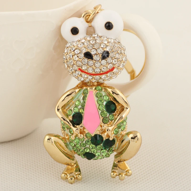 Unique Green Rhinestone Tie Frog Keychain Keyring Fashion Crystal