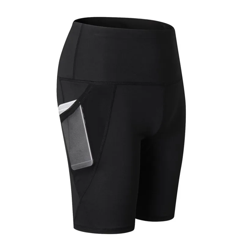 Высокая талия для женщин Йога с косыми карманами для бега женские спортивные быстросохнущие обтягивающие тянущиеся для фитнеса шорты - Цвет: Черный