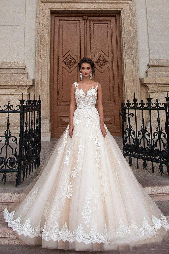 Elegant A Line Arabic Champagne Wedding Dress Turkey Sheer Neck Illusion Back Beach Country