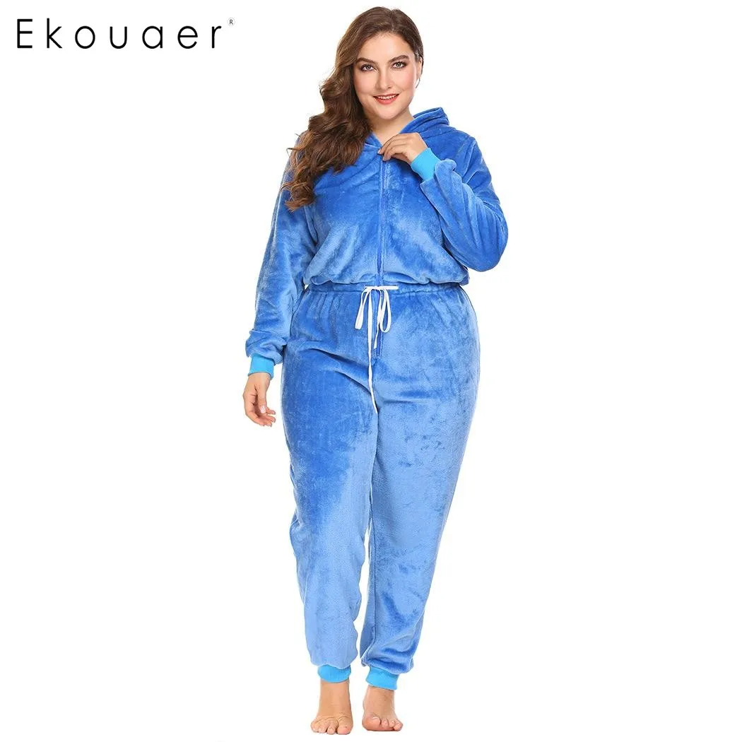 

Ekouaer Winter Plus Size Onesies Women Hooded Sleepwear Long Sleeve Zip Up Drawstring Fleece One Piece Pajamas Set Homewear 4XL