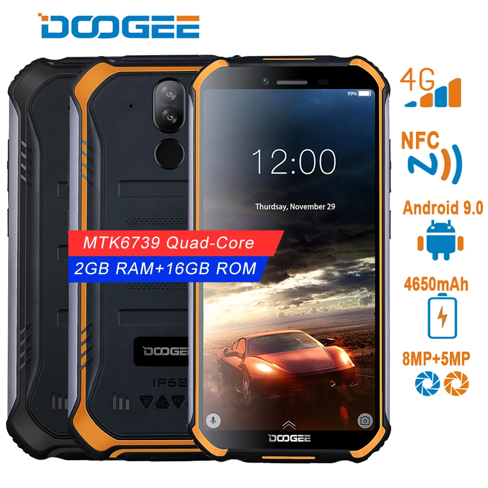 DOOGEE S40 Android 9,0 сети 4G прочный мобильный телефон 5,5 дюйма Дисплей 4650 mAh MT6739 4 ядра 2 Гб Оперативная память 16 Гб Встроенная память 8.0MP IP68/IP69K