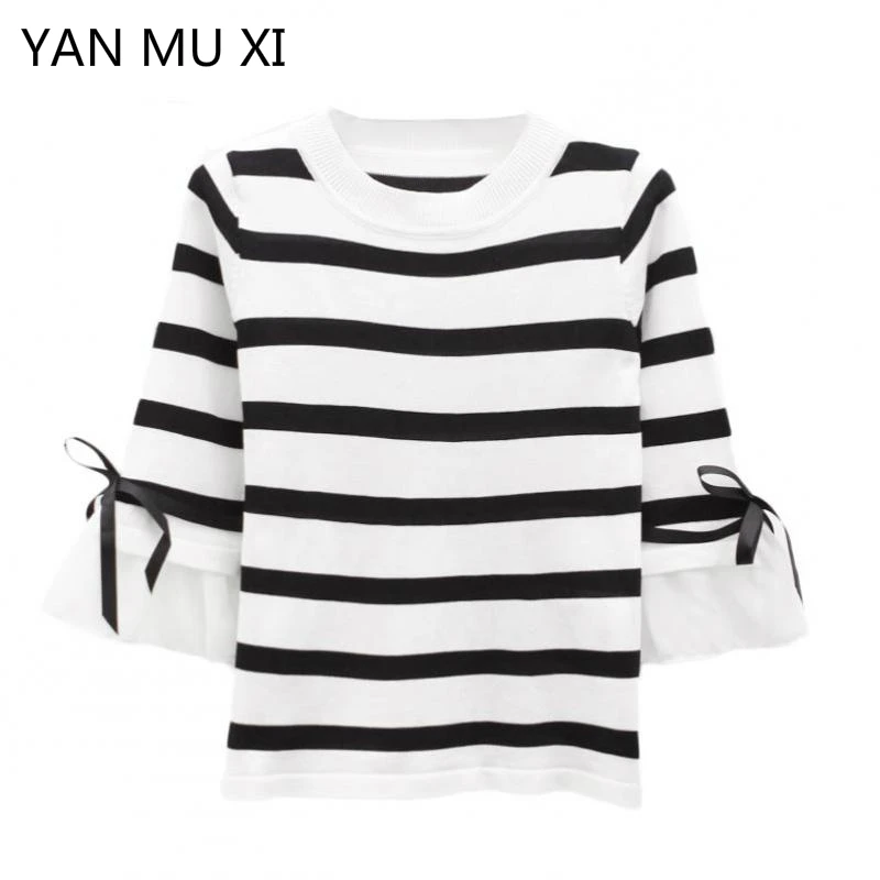 YAN MU XI 2017 Spring And Autumn New Ladies Thin Section Pullover Sweater Fashion Striped Speaker Sleeve Bowknot | Женская одежда