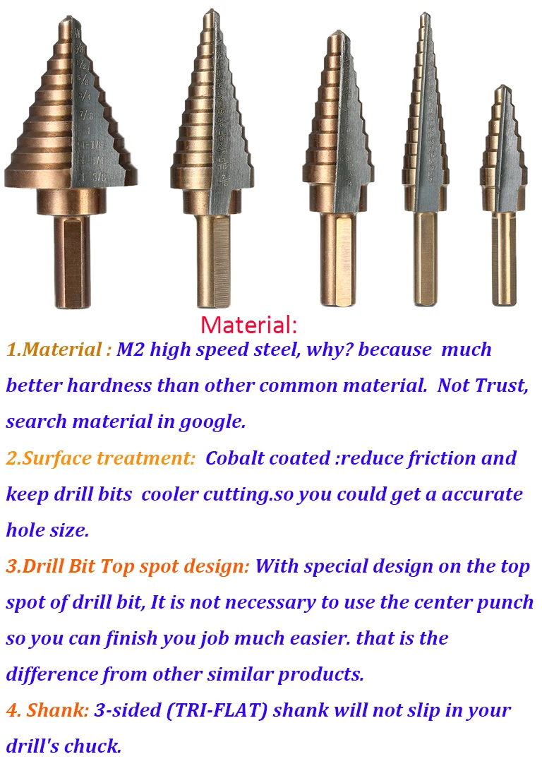 Ступенчатое конусное сверло, набор, металл, дерево, 5 шт., 1/4 Hss, кобальт, титан, коническое твердосплавное сверло, перфоратор, дырокол, инструмент
