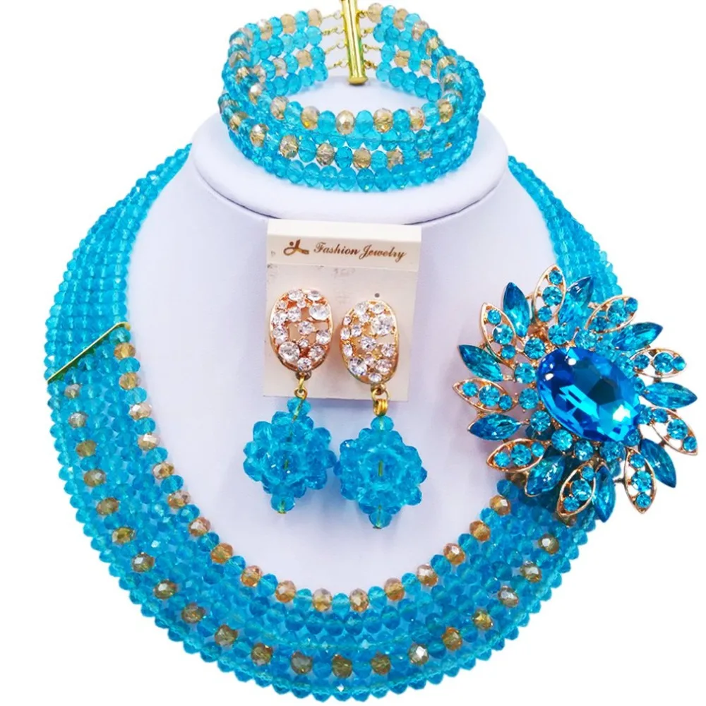 5 Rows Nigerian Necklace African Beads Crystal Wedding Jewelry Sets for Women  (49)
