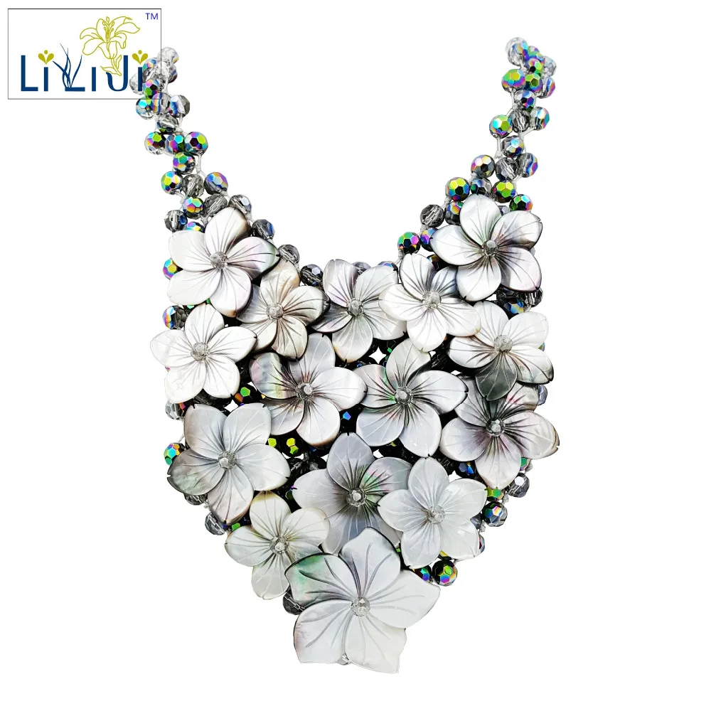 Lii Ji Handmade knitting Shining Crystal Beads setting Shell Flowers Women Jewelry Statement Necklace Lii Ji Handmade knitting Shining Crystal Beads setting Shell Flowers Women Jewelry Statement Necklace