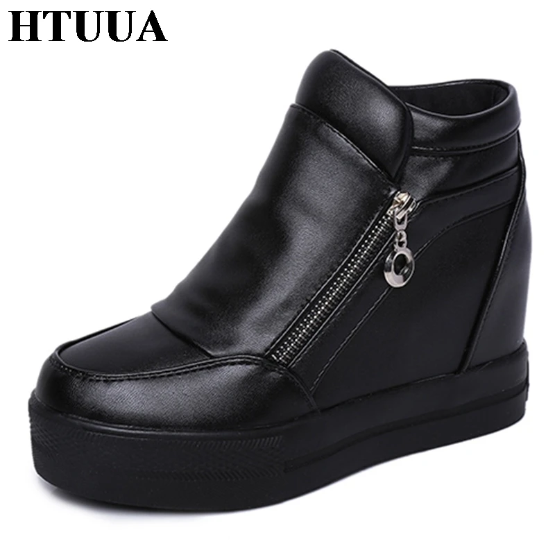 

HTUUA Autumn Casual Shoes Women Wedge Platform Shoes Invisible Increasing Sneakers Waterproof Leather Black White Shoes SX1619