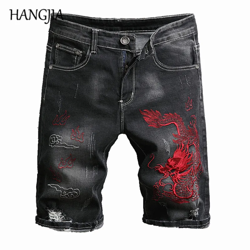 

Men Embroidery Denim Shorts Summer Fashionable Chinese Dragon Pattern Wash Hole Ripped Short Jeans Black Casual Denim Shorts