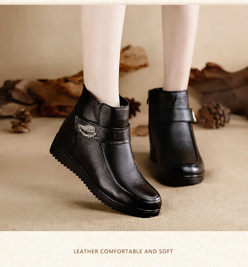 OUKAHUI/весенние черные ботинки из натуральной кожи; Femme; зимняя обувь; женские теплые ботинки со стразами; натуральная шерсть; ботинки на низком каблуке; 43