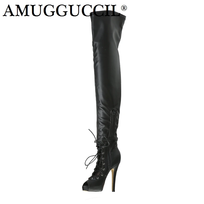 Koop 2018 Nieuwe Plus Big Size 34 52 Zwart Zip Gesp Lace Up Sexy Dij Hoge Hak Platform Over De knie Dames Vrouwen Herfst Boot X1715