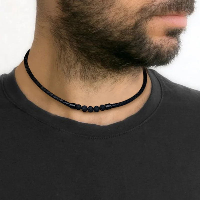 

Choker Necklace Men's, Lava Rock Braided Leather Necklaces, Men Boho Hippie Jewelry ,Oil Diffuser Surf Necklaces in Black