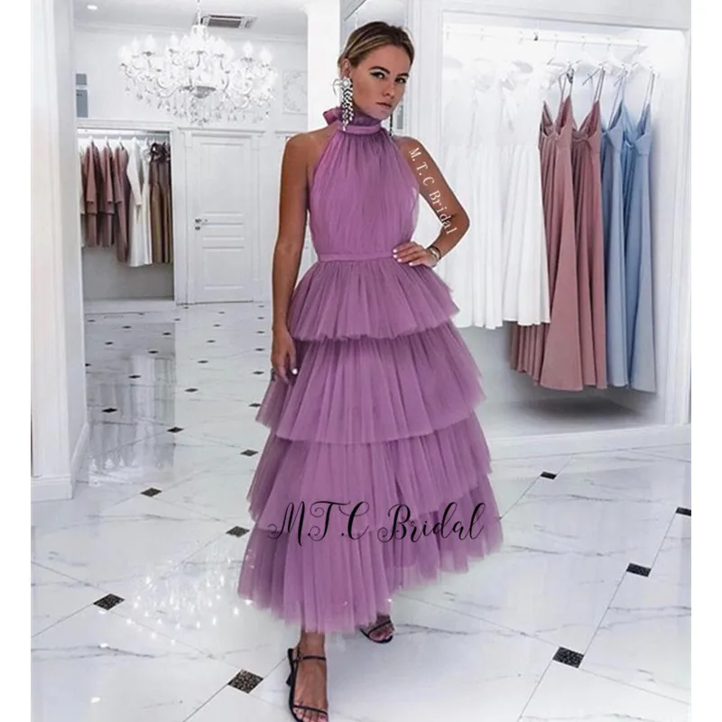 

New 2019 Light Purple Tulle Short Prom Dresses Backless Halter Ankle Length A Line Tiered Cheap Women Party Gowns Custom Made