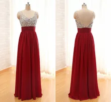 2016 Red Long A-line Sparkle Wulstige Kristalle High School Formal Abendkleider Kleider V-ausschnitt Glitz Prom Party Kleider Sleeveless