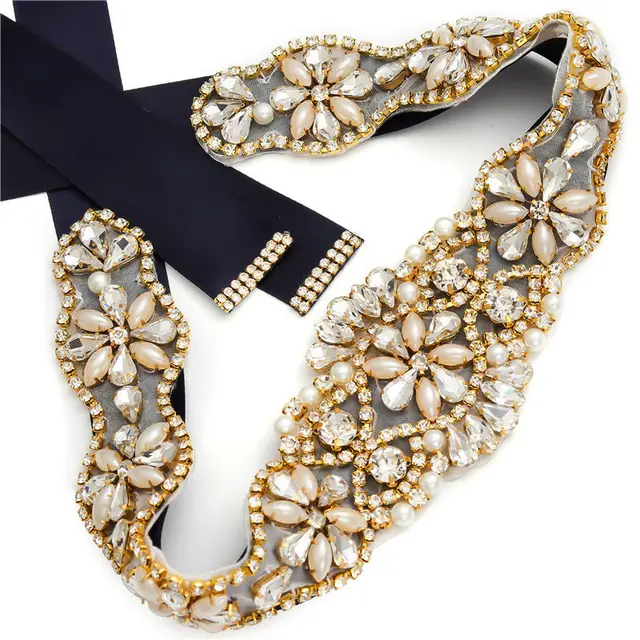 MissRDress Wedding Rhinestones Bridals Belt Pearls Crystal Bridal Belt Jeweled Bridal Sash For Wedding Dresses Pearl Belts JK806 Gold---navy