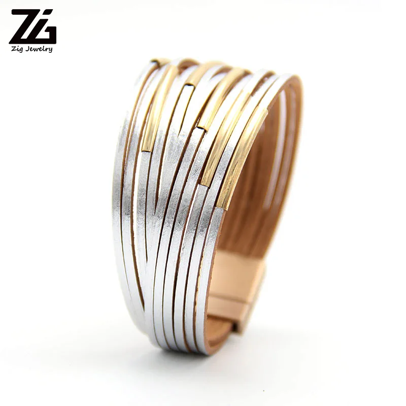 ZG Узкие полоски Кожаные браслеты для Для женщин Мода с металлическим украшением в стиле «Бохо Обёрточная бумага Многослойные широкий ювелирный женский браслет - Окраска металла: silver