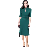 Dropshipping 2015 Women Celebrity Elegant Vintage Stand Pinup Tunic Ruched Keyhole Party Work Formal Bodycon Mermaid Dress S-XXL