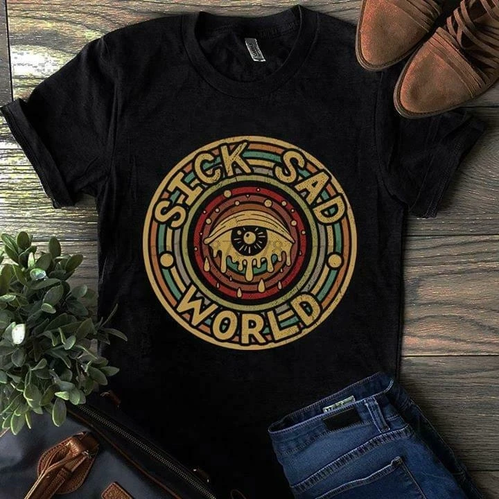 Мужская Винтажная Футболка Sick Sad World черная хлопковая с принтом плачущего глаза