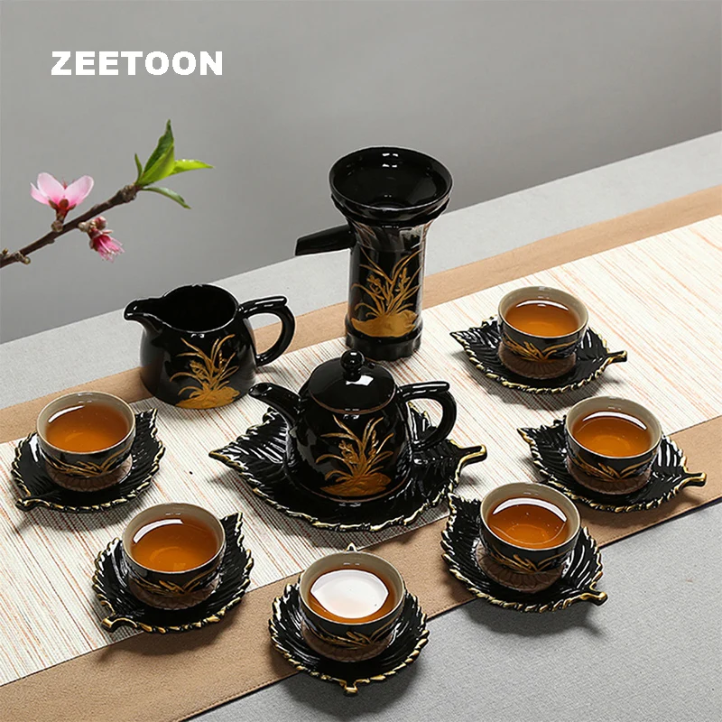 

Japanese Style Zen Tea Set Coarse Pottery Kung Fu Tea Set Tea Cups Saucer Teapot Teacup Fair Cup Tea Strainers Pot Holder Golden