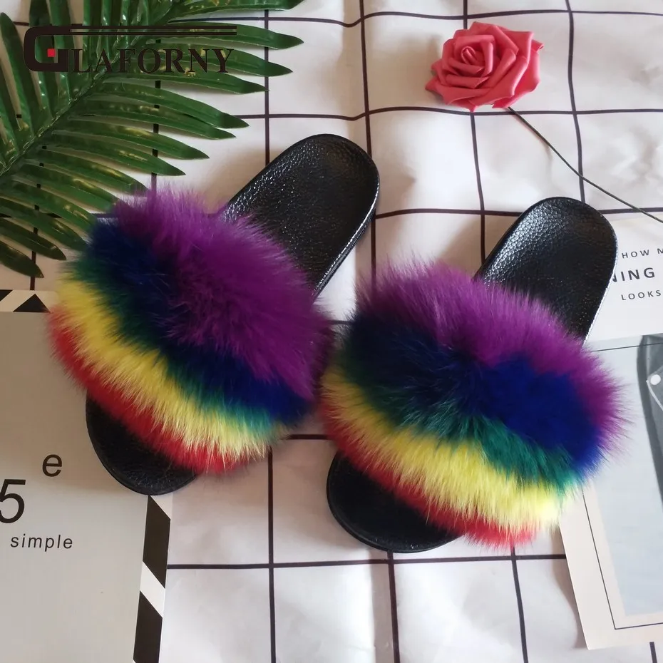 Glaforny 2018 Для женщин мода Лисий мех тапочки летние шлепанцы женские разноцветные натуральным лисьим мехом сандалии