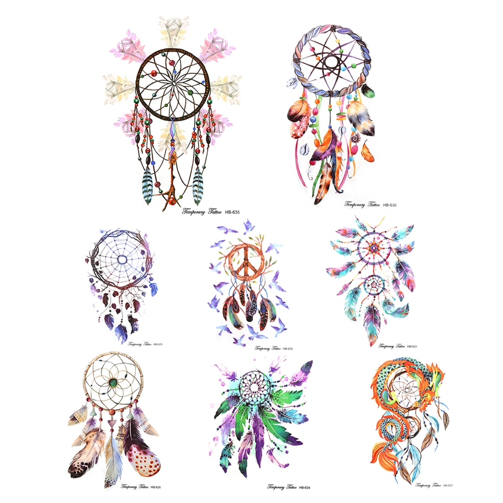 

DIY Colorful Feather Wind chimes 1 Sheet Temporary Tattoo Dream Catcher Tattoo Decal Designs Water Proof Tattoo Stickers Body Ar
