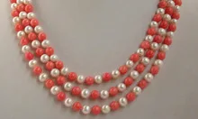 

wholesale stunning 3rows white round freshwater pearls pink coral necklace Bridal Jewelry Crystal Women Fine Factory direct