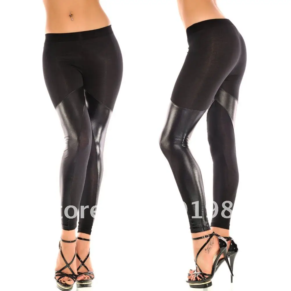 Wholesale Patched Leggings Cotton&Faux Leather Lady's Sexy Leggings