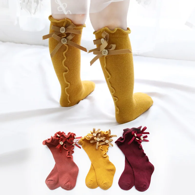 Носки для маленьких девочек кружевные носки принцессы до колена с бантиками милые детские носки Длинные Нескользящие хлопковые носки Meias Infantil