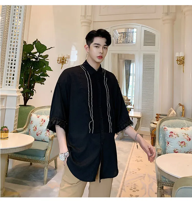 Summer Loose Casual Black White Shirt Male Streetwear Hip Hop Party Dress Shirt Stage Show Costumes Fivepence Sleeve Shirt