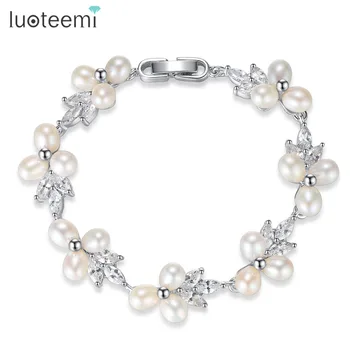 

LUOTEEMI Elegant Natural Pearl Jewelry for Women Link Chain CZ Crystal Bridal Wedding Accessories Charming Bracelets & Bangles