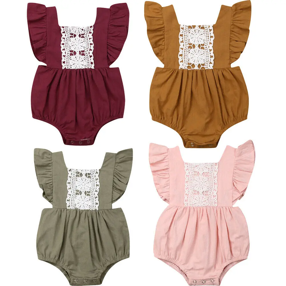 

Infant Toddler Baby Girl Ruffled Rompers Sleeveless Lace Cotton Romper Solid Color Jumpsuit