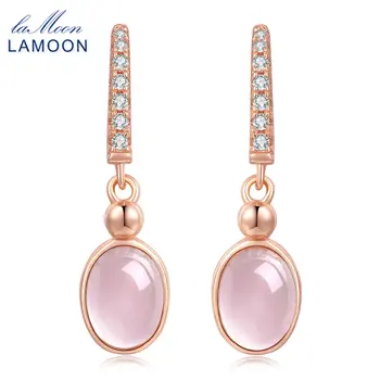 

LAMOON Drop Earrings For Women 100% Natural Pink Rose Quartz S925 Sterling Silver Fine Jewelry Wedding Party Brincos EI006